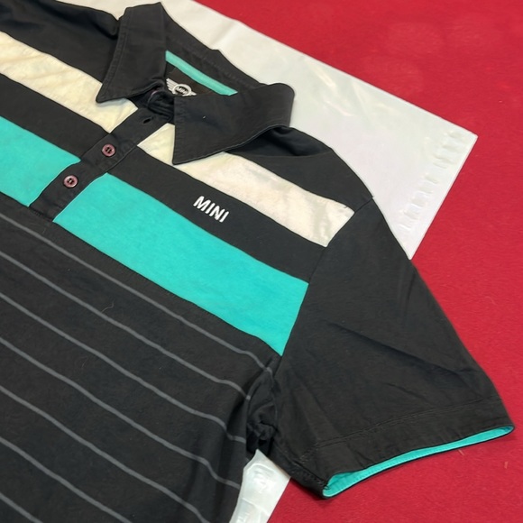 Mini Cooper BLACK Polo Shirt GRAY STRIPES Aqua white wide stripes COTTON mens Lg - Picture 5 of 12